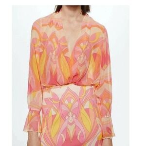 Mango Abstract Psychedelic Wrap Blouse Pink Yellow Ruffle Bell Sleeve Sheer 2
